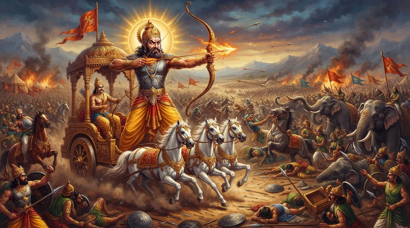 गुरु द्रोणाचार्य अपने रथ पर सवार, क्रोधित मुद्रा में धनुष ताने हुए हैं। उनके बाणों से पांडव सेना में खलबली मची हुई है और पृष्ठभूमि में युद्ध का भयावह दृश्य है।
